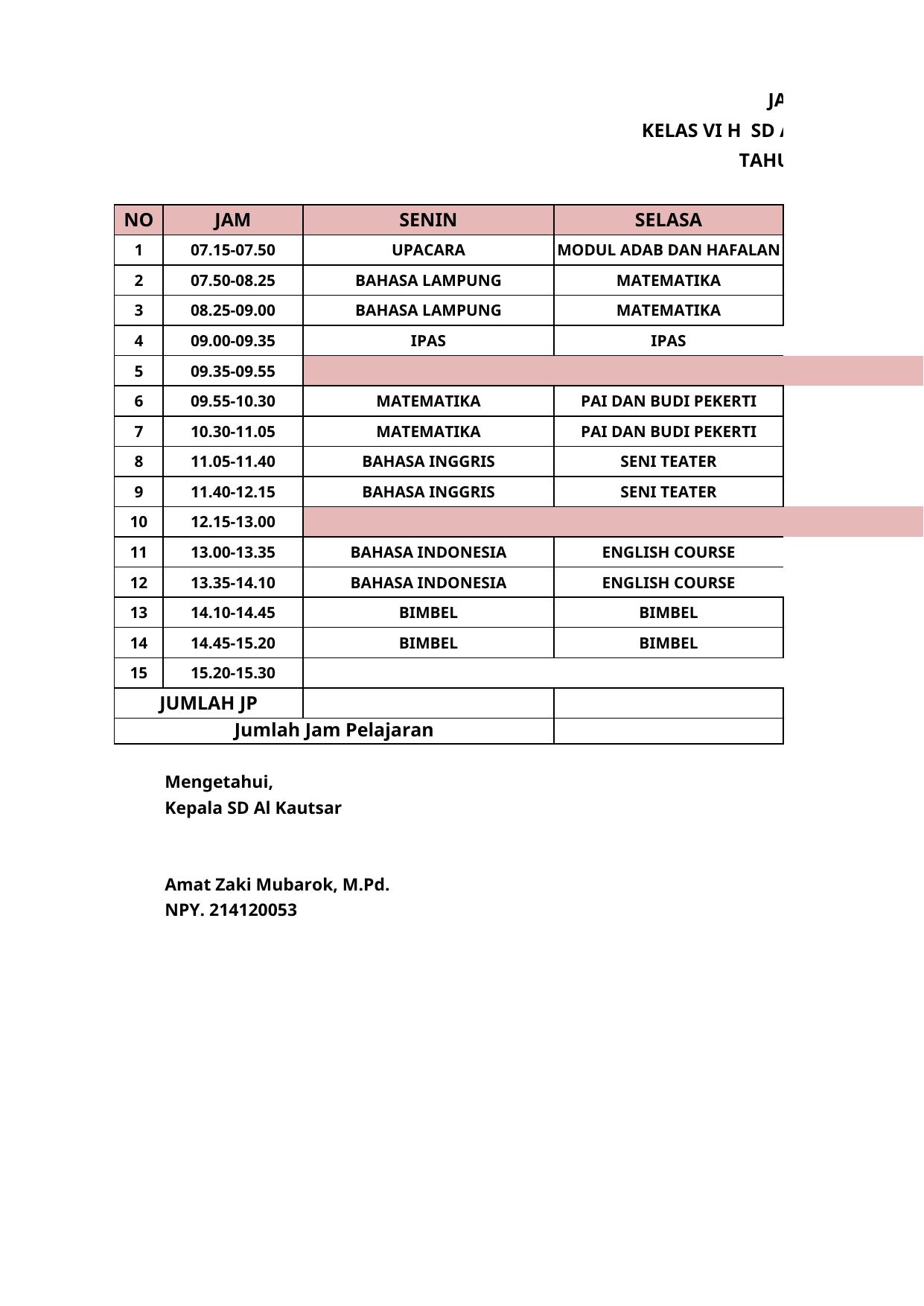 Foto Kertas Jadwal Pelajaran
